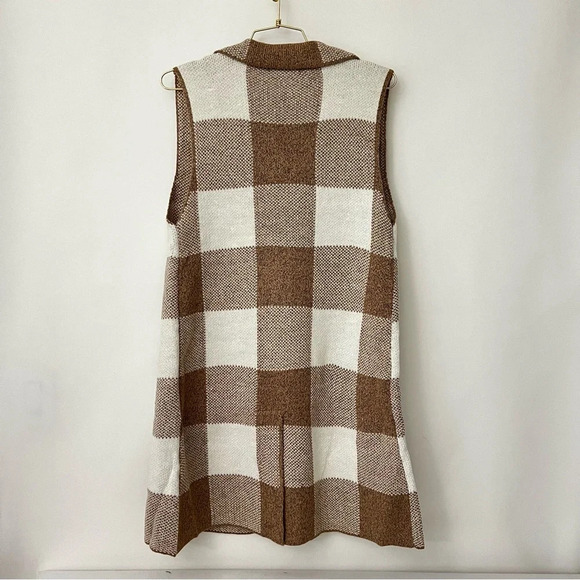 Open Front Sweater Vest Plaid Long Cardigan Heather Brown With Pockets Large - Picture 3 of 11